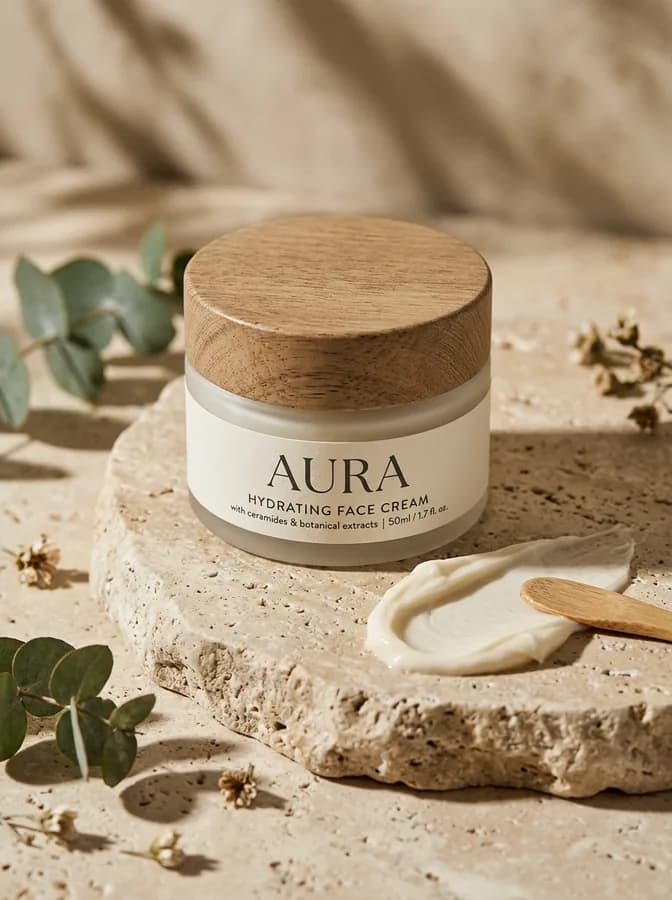 Баночка с выдуманной этикеткой AURA на камне
